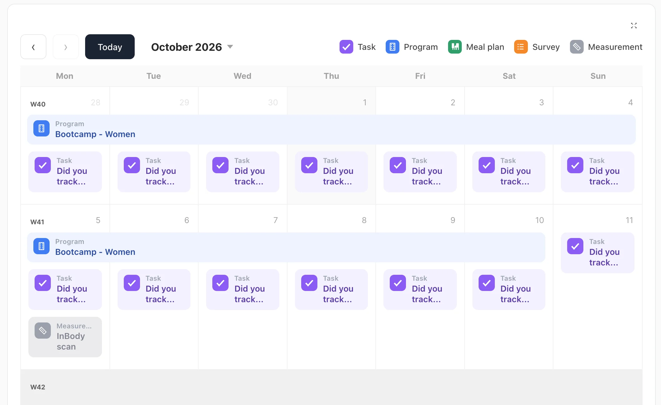 Course plan in Coachplan: a program running across two weeks, a daily task and a measurement, each released on its day