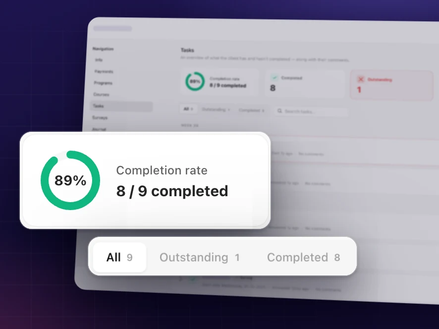 A client's check-ins in Coachplan: completion rate, and which check-ins are outstanding or completed