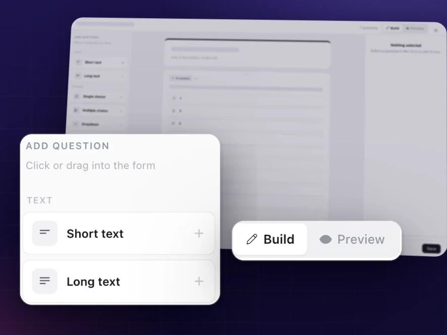 Check-in form builder in Coachplan: drag question types onto the form and switch between Build and Preview