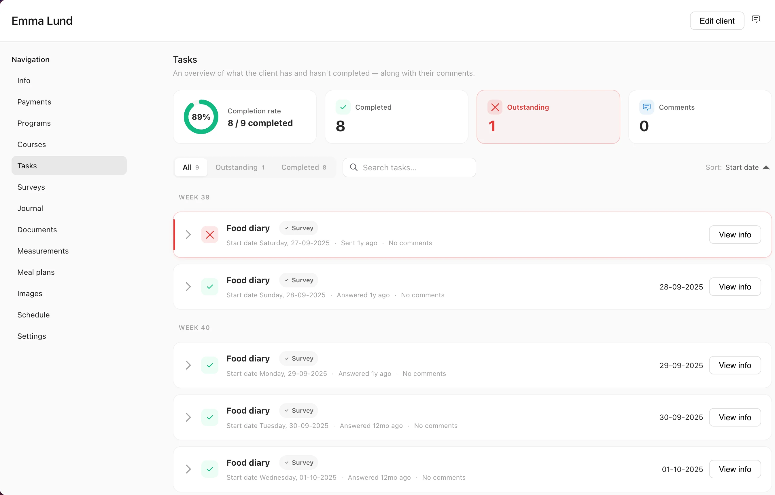 A client's check-ins in Coachplan: completion rate, what is done and outstanding, week by week