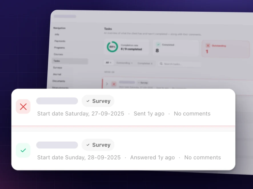 A check-in survey that repeats every day on a client's task list in Coachplan, with each day marked as answered or outstanding