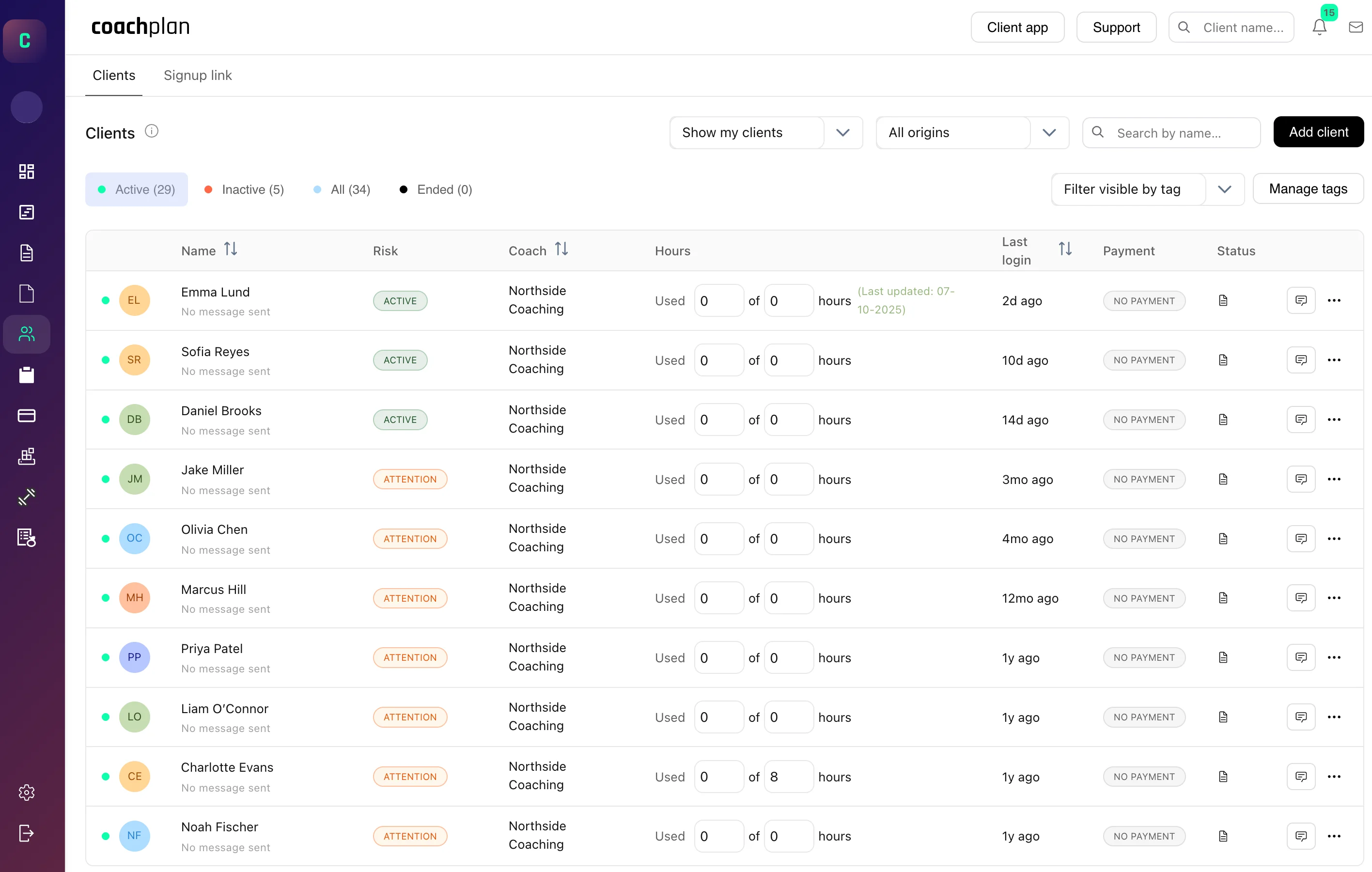 Client list in Coachplan where each client is marked Active or Attention, with their last login, so you see who is going quiet