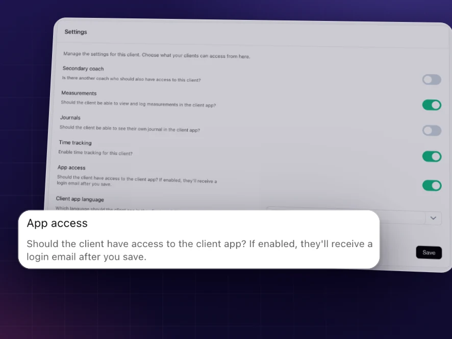 Client settings in Coachplan: turn on app access and the client gets a login email to set up their account