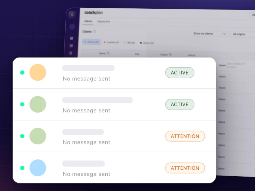 Client list in Coachplan where each client is marked Active or Attention, so you see who is slipping before they drop off