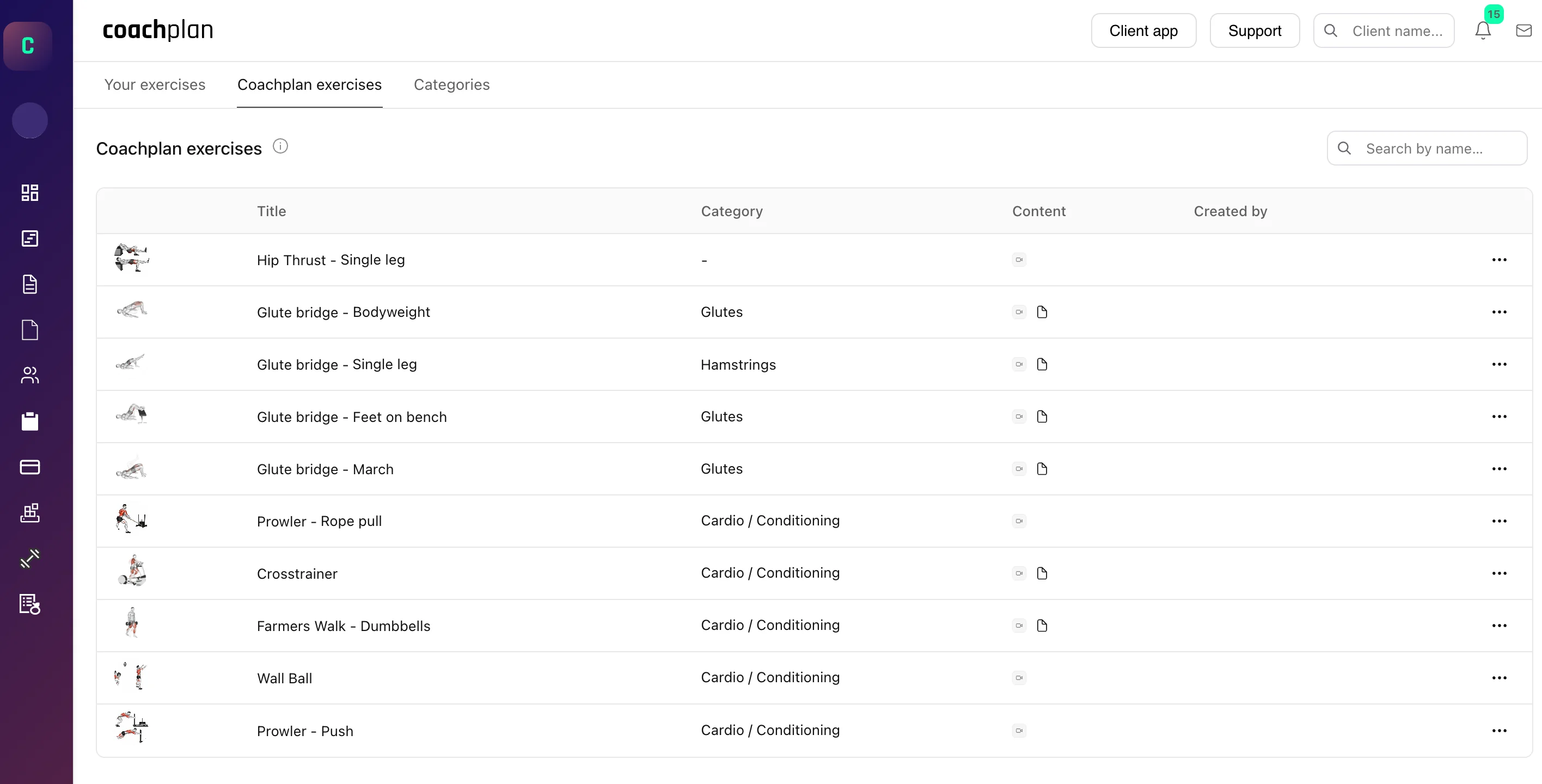 Coachplan's built-in exercise library: every exercise with an illustrated GIF demo, next to your own exercises and categories