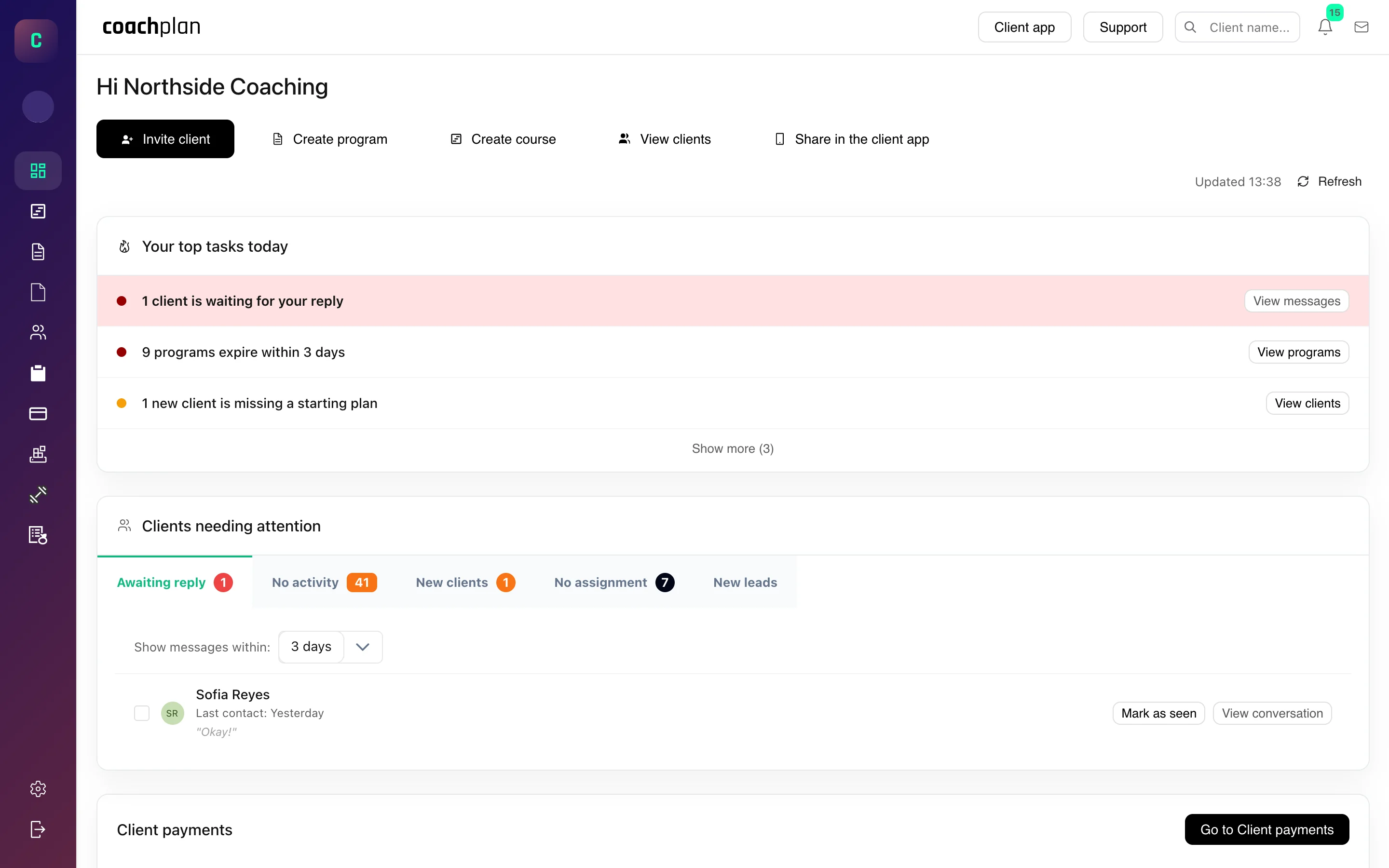 Coachplan dashboard: quick actions, today's top tasks and the clients who need your attention