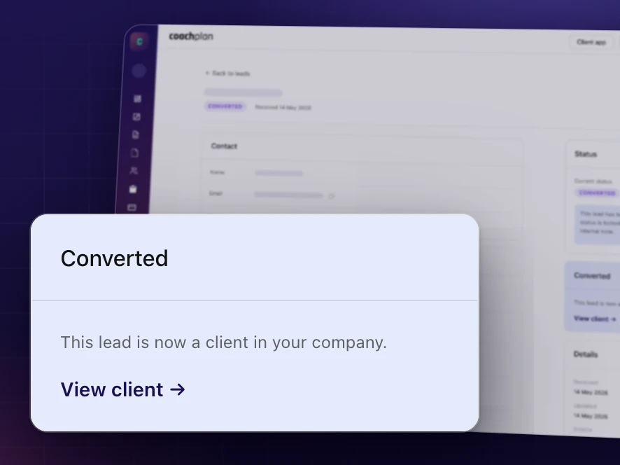 A lead converted to a client in Coachplan, with a link straight to the new client profile