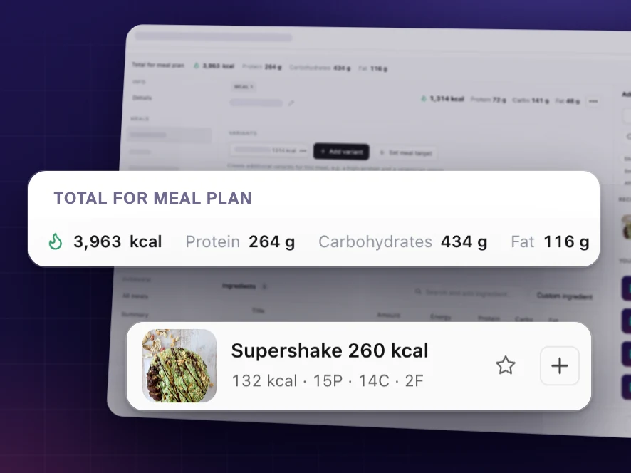 Building a meal plan in Coachplan: add recipes with their macros worked out and see the plan's calories, protein, carbs and fat add up