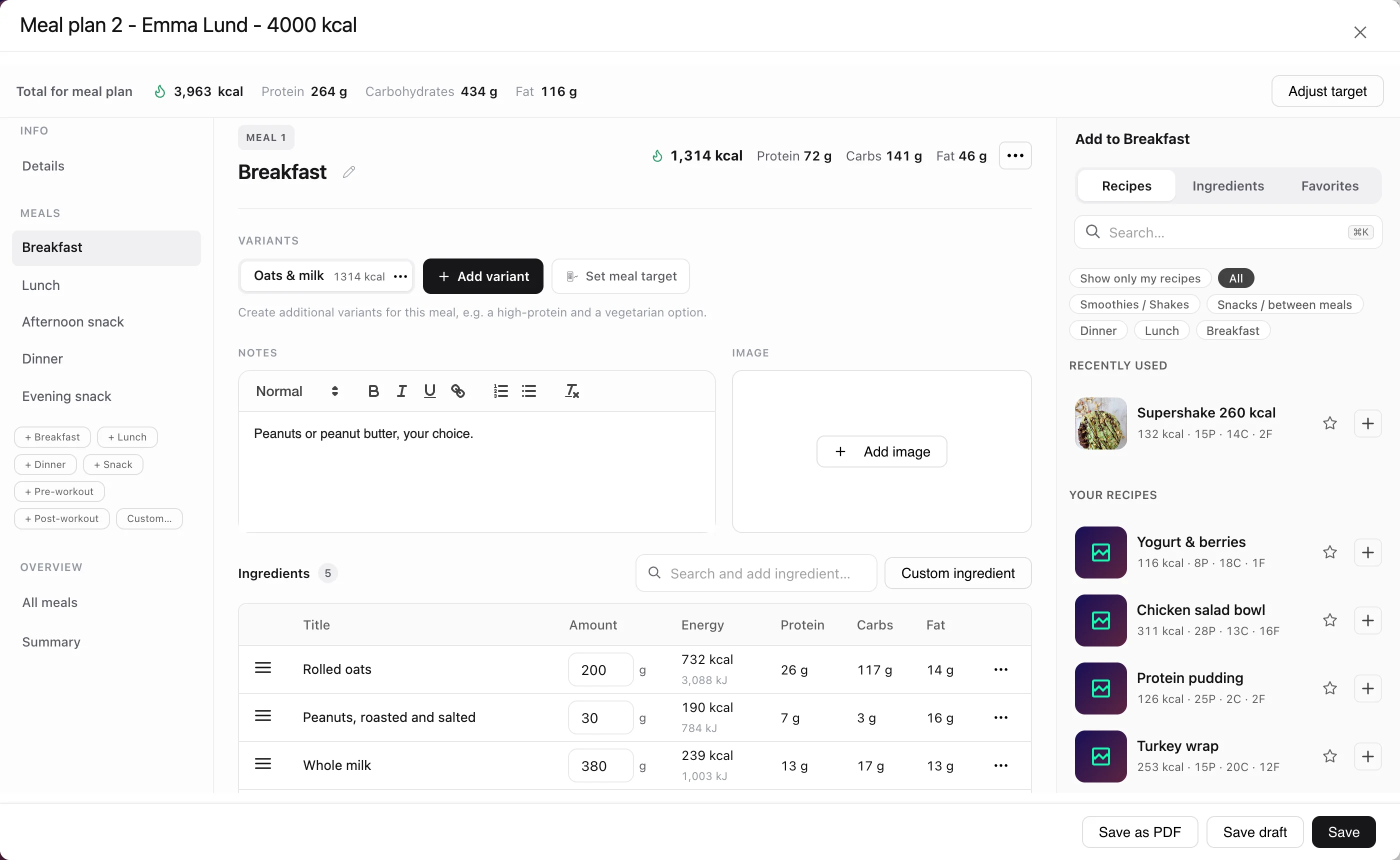 Meal plan builder in Coachplan: calories, protein, carbs and fat totalled for the whole plan and each meal, next to recipes with their macros worked out