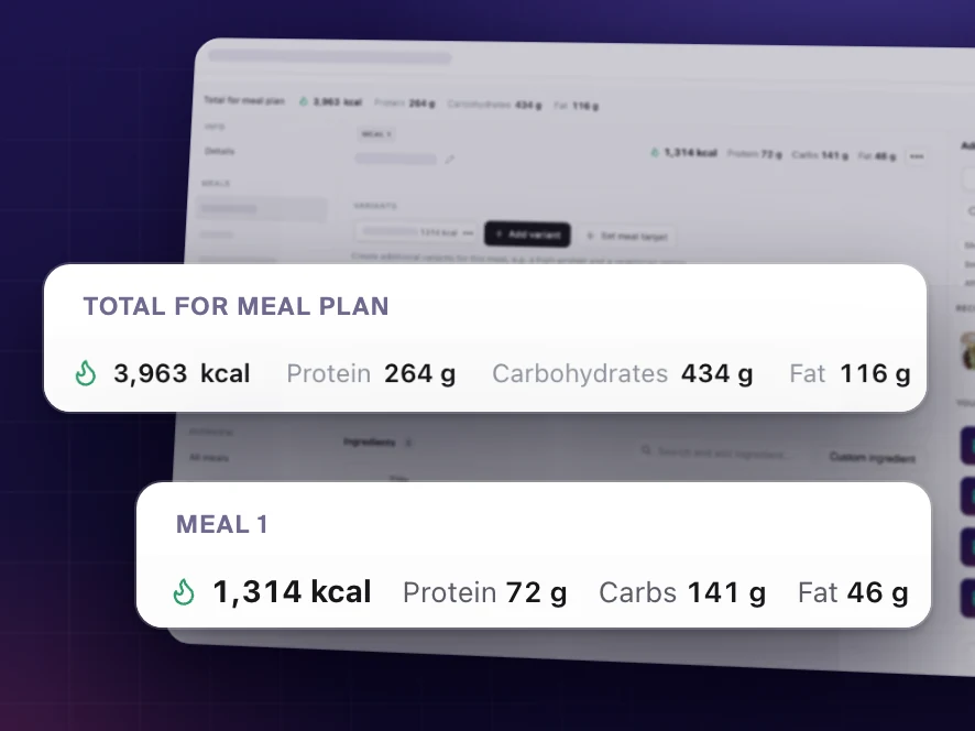 Meal plan in Coachplan with calories, protein, carbs and fat added up for the whole plan and for each meal as you build it