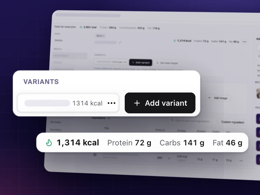 Meal variants in Coachplan: add an alternative to a meal, with the meal's calories and macros shown next to it