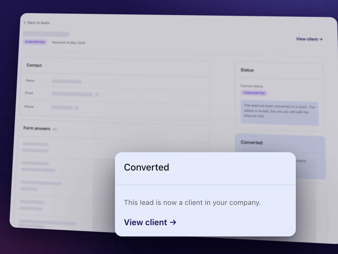 A converted lead in Coachplan: the lead is now a client, with a link straight to their client profile