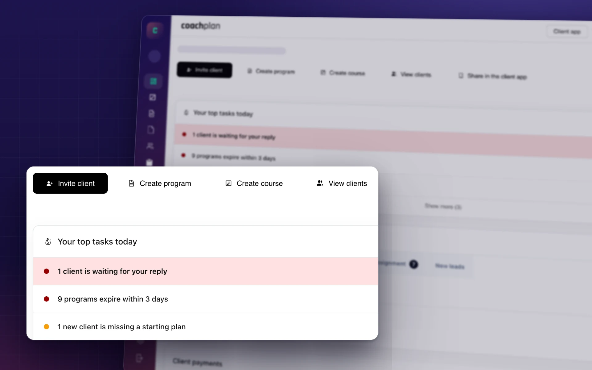 Coachplan dashboard: invite a client, create a program or course, and see today's top tasks in one place