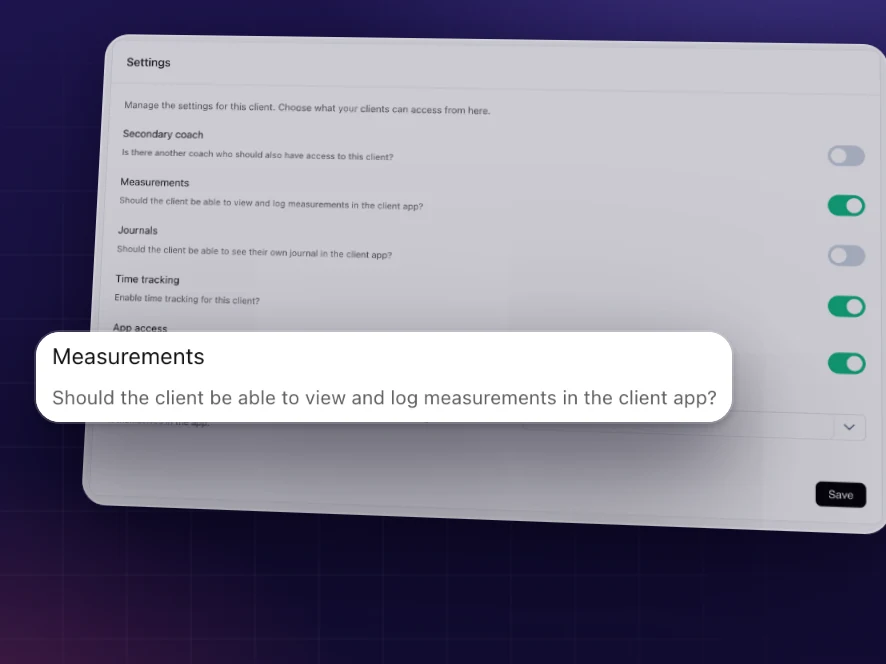Client settings in Coachplan where you decide, per client, whether they can view and log measurements in the client app