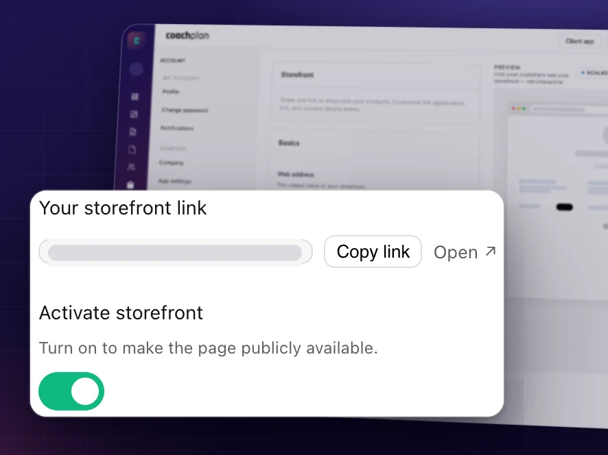 Store page settings in Coachplan: copy your store link and switch the page on