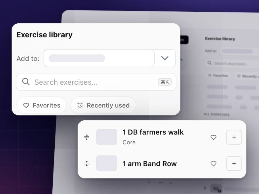 Exercise library inside the Coachplan workout builder: search, favorites and recently used, with a drag handle and add button on every exercise